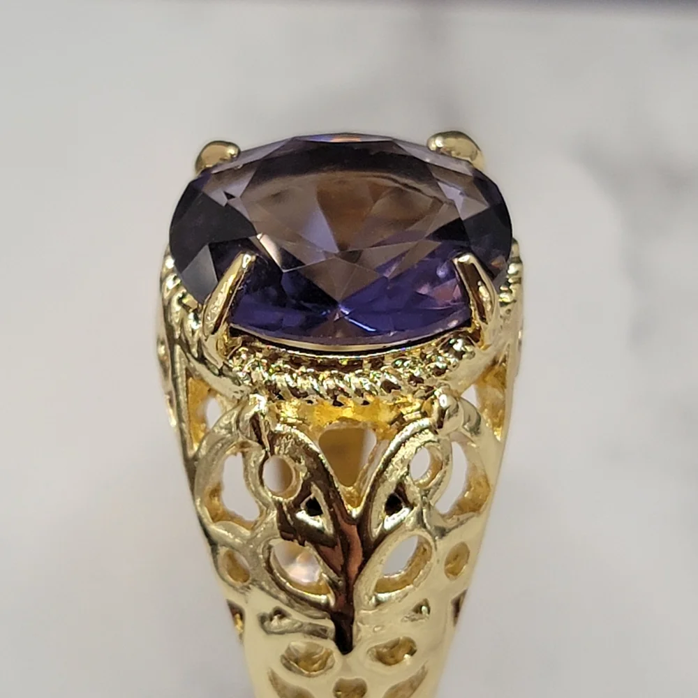 Gold Tone Simulated Purple Gemstone Butterfly Filigree Ring